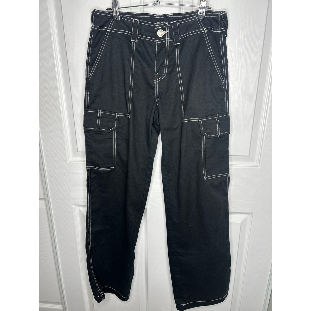 True Religion Men's 27 Black Cargo Pants White Contrast Stitch Big T Military SN